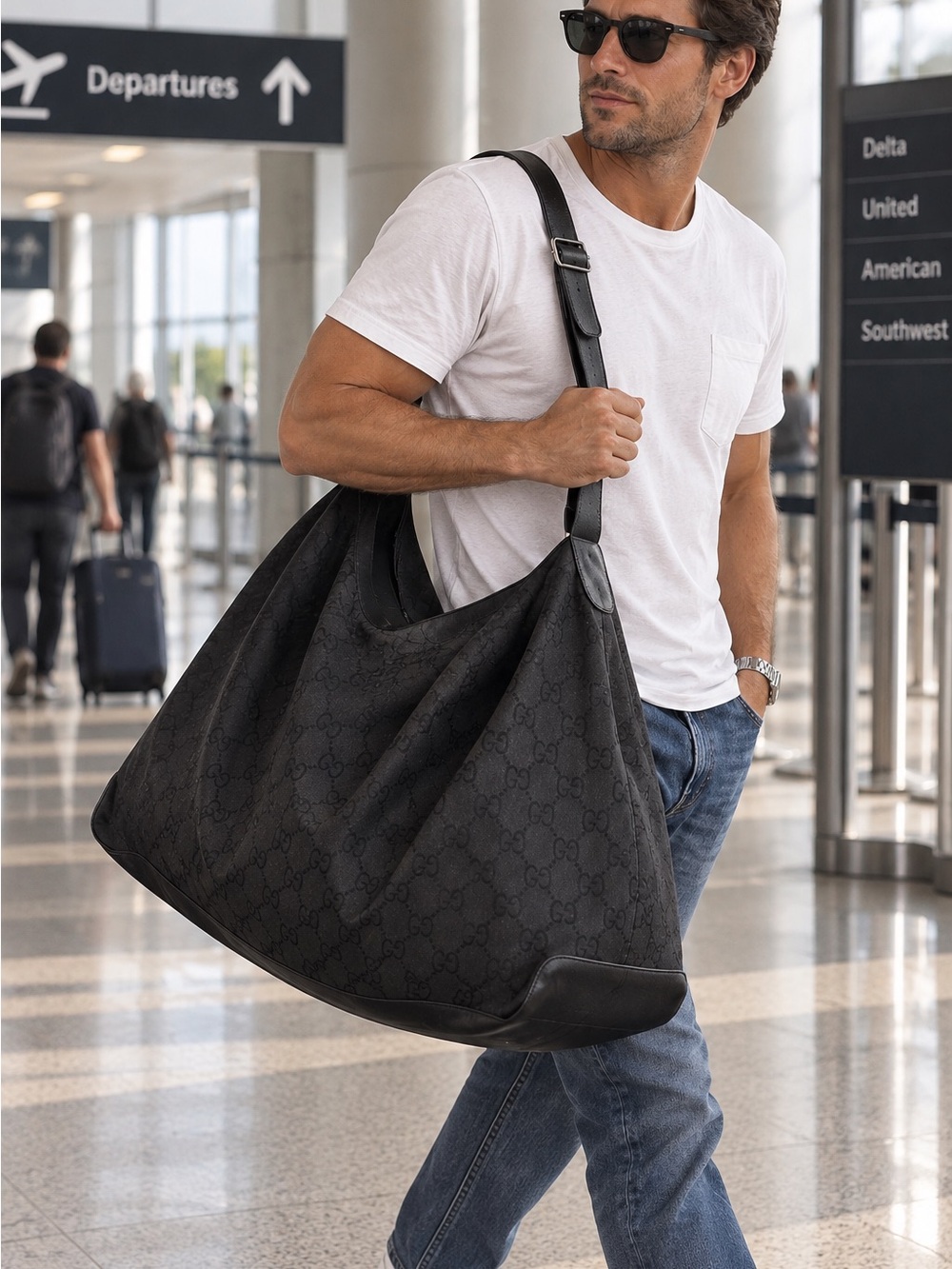 Gucci Black GG Monogram Boston Duffel with Leather Strap